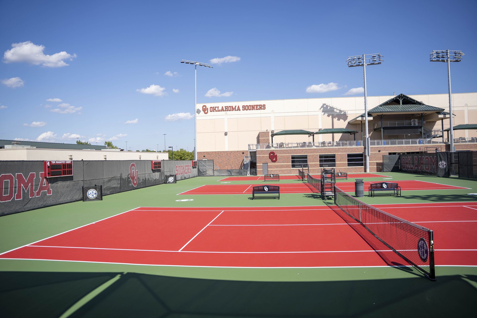 Outdoor tennis courts at the University of Oklahoma Headington Tennis Center, resurfaced in Laykold by EliteTrax