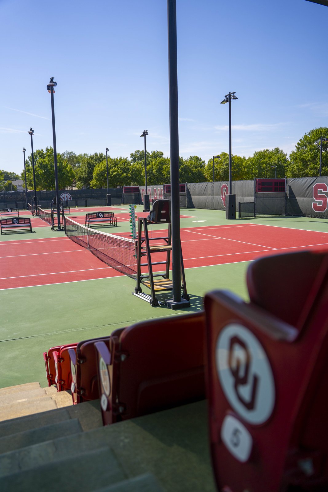 View from the OU stadium seats across the outdoor courts at Headington Tennis Center